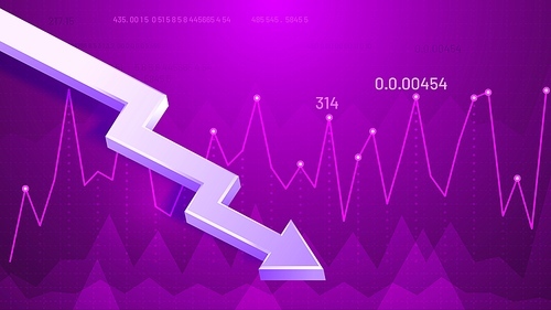 Dropping graphic arrow. Profit reduction schedule, financial debt graph and income loss 3D arrow vector illustration. Business downturn, company income decline. Decreasing stock market trend